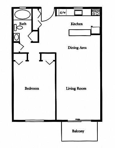 Floor plan for 1 bed, 1 bath, 850 sqft